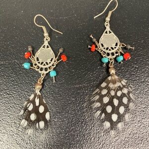Silver Feather Dangle Earrings with Red and Turquoise Accents
